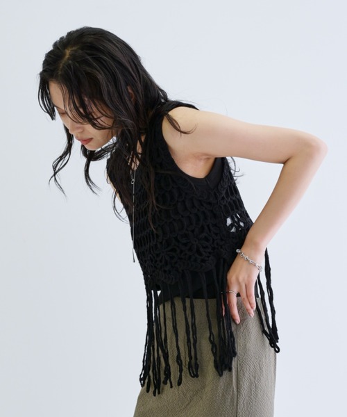 INDIVI GALLEST ベスト ジレ 「ZOZO限定」クロシェ編みフリンジベスト
