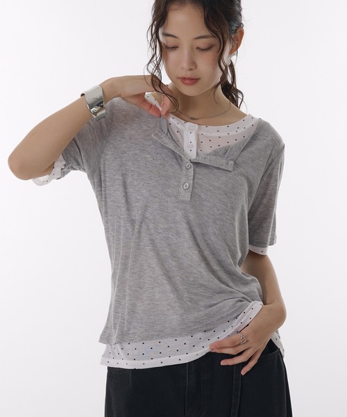 tシャツ sheer henry neck layered t-shirt / シアーヘンリーネックレイヤードTシャツ レディース
