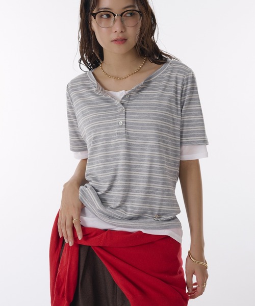 MUHET tシャツ sheer henry neck layered t-shirt / シアー