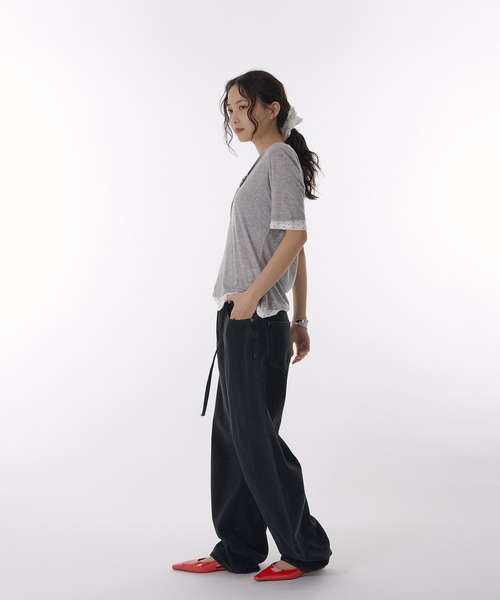 muhet シアーヘンリーネックレイヤードロングTシャツ ネイビー sheer henry neck layered long sleeve t-shirt / シアー