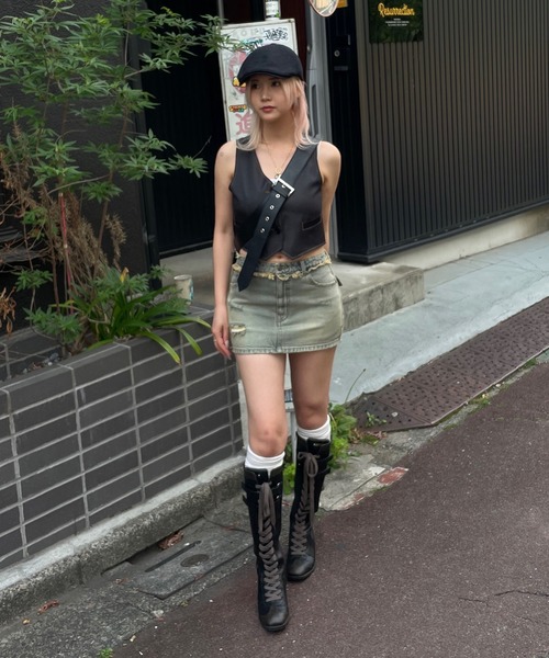 ACLENT デニムスカート ローライズダメージデニムミニスカート