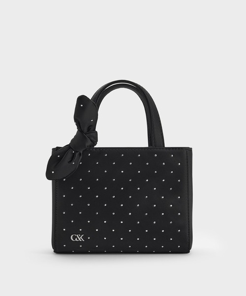   ロゴ サテン生地 ノット結び目ハンドル ミニバッグ CHARLES ＆ KEITH ハンドバッグ サテン スタッズノットボウミニ