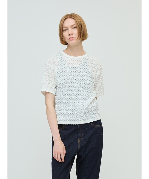 tシャツ mizuiro ind ストレッチレースクルーネックTシャツ レディース