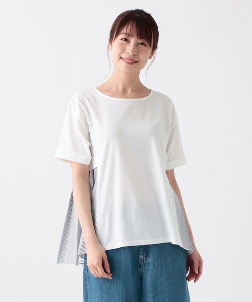 tシャツ ストライププリーツコンビプルオーバー レディース