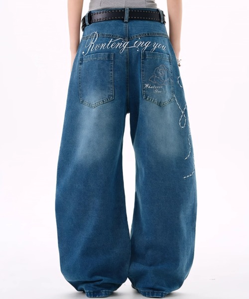 ジーンズ デニム デニムパンツ ローズ刺繍バギーワイドデニムパンツ