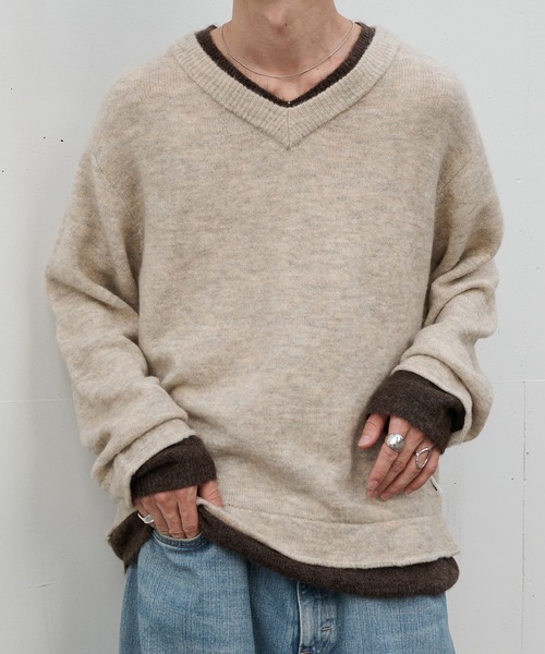 Perushu セーター ニット レイヤードリラックスデザインVネックニット