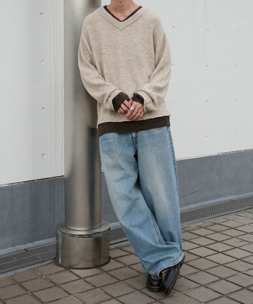 Perushu セーター ニット レイヤードリラックスデザインVネックニット