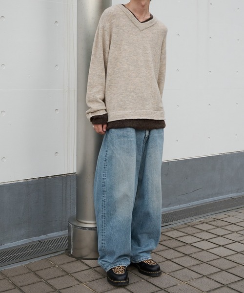 Perushu セーター ニット レイヤードリラックスデザインVネックニット