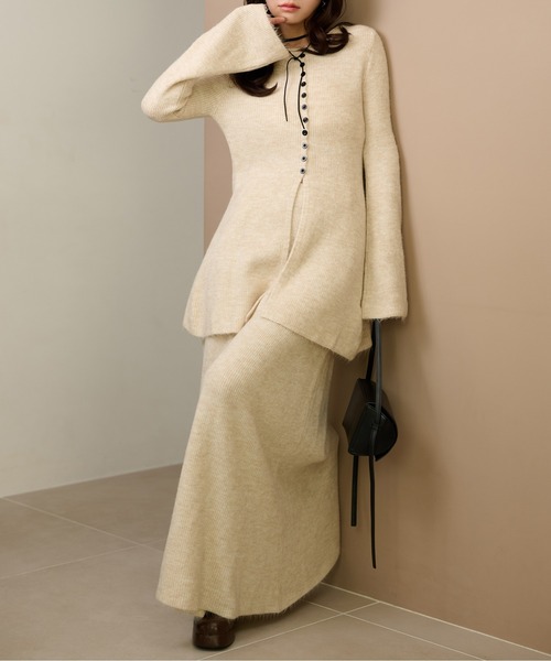 ニットセットアップCrew Neck Rib Knit Slit Knit SK セットアップ button slit knit set up /フロントボタンスリットニット