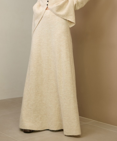 【ベージュ】【セットアップ対応】フロント スリット リブプルオーバー セットアップ front slit collared button knit set up /フロント
