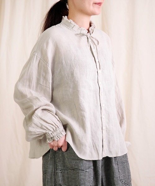 美品 Brocante ブロカントリネンキャンバスリュバンブラウスゆったり 