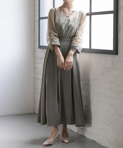 birei ドレス スパンコールレースコンビドレス（ベルト付き