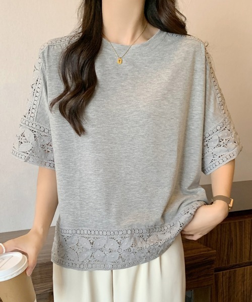 SEU ブラウス シャツ Tシャツ 半袖 五分袖 レース 刺繍 オフィス 