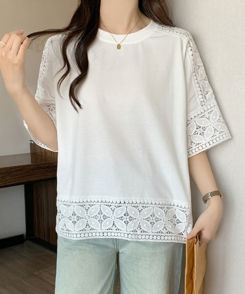 SEU ブラウス シャツ Tシャツ 半袖 五分袖 レース 刺繍 オフィス