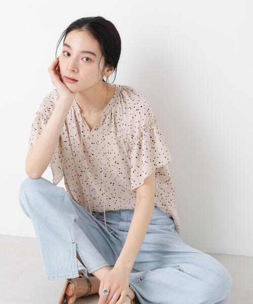 ブラウス シャツ ドットプリントギャザーブラウス レディースの画像