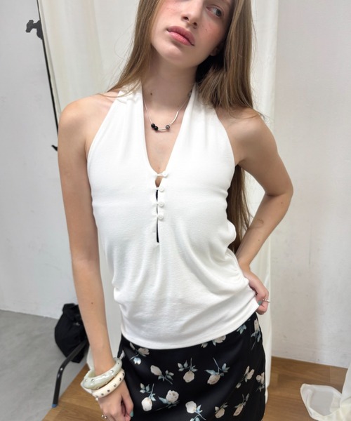 Rohwel タンクトップ ノースリーブ Halter Neck Stretch Tank Top