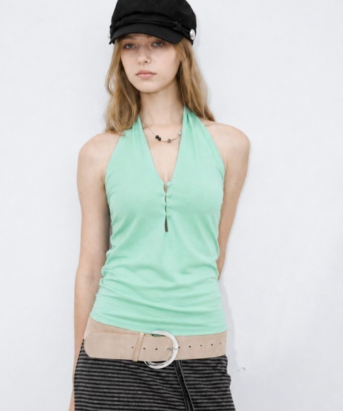 Rohwel タンクトップ ノースリーブ Halter Neck Stretch Tank Top