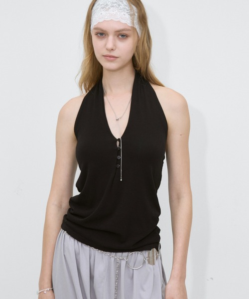 Rohwel タンクトップ ノースリーブ Halter Neck Stretch Tank Top