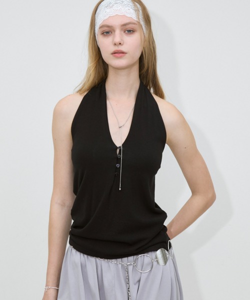 Rohwel タンクトップ ノースリーブ Halter Neck Stretch Tank Top