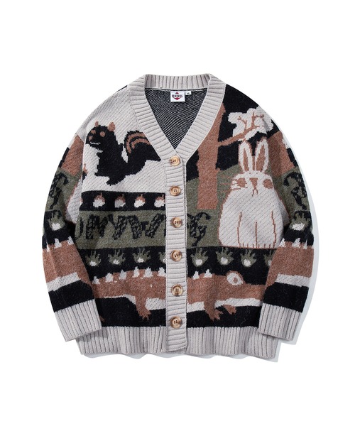 カーディガン 「HOOK」レトロ調パッチワーク柄ウサギイラスト