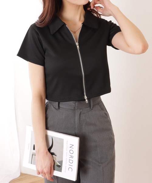 tシャツ 切り替えTシャツ レディース Lace Ladies tシャツ フロント ダブルジップ コンパクト 半袖