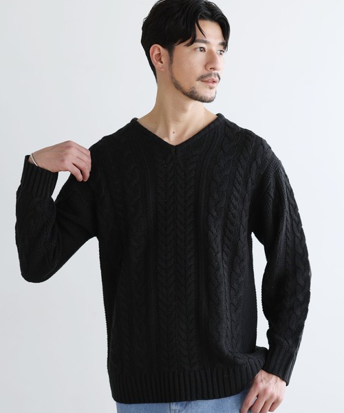 SPU（スプ） セーター ニット セミワイドシルエットケーブル編みV