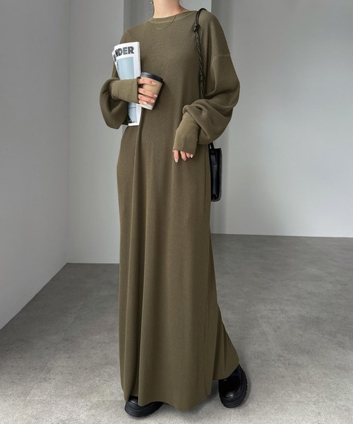 andme ワンピース セルフカットリブサムホール長袖ロングワンピース  