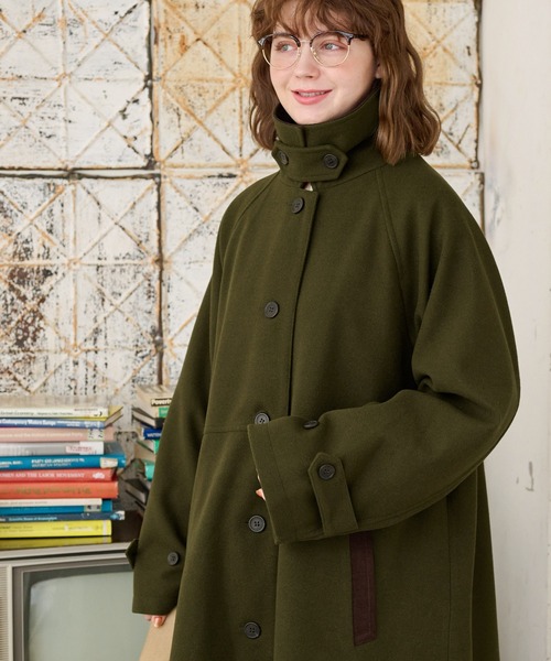 美品 45R 現行 モッズステンカラーコート 丸襟 カーキ コットン MONO-MART LADY'S」 ステンカラーコート FREE カーキ レディース