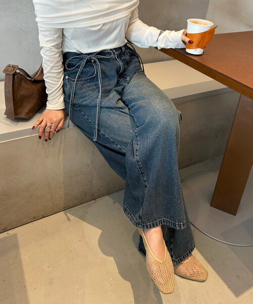Ribbon Denim Straight Pants - MISTREASS