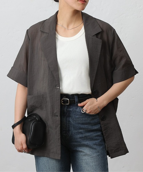 ブラウス シャツ シアー半袖テーラードシャツジャケット レディース