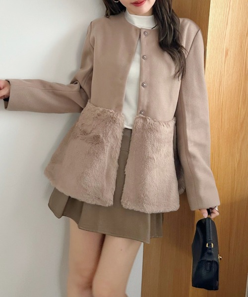 Ada. ノーカラーコート コート フェイクファー切り替え ペプラム ノー