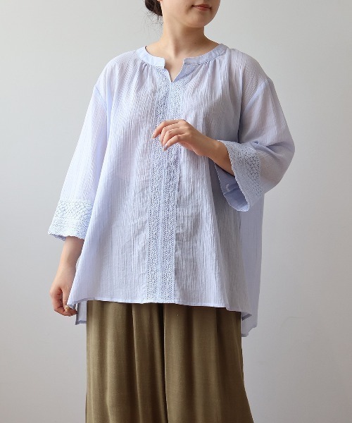 ブラウス シャツ 「L〜5L 大きいサイズ」ワッシャーコットンフロントレースブラウス 春夏 7分袖 レディース MB mint breeze ブラウス シャツ 「L〜5L 大きいサイズ