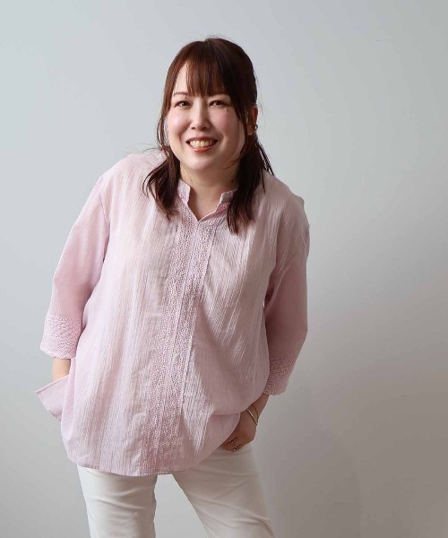 ブラウス シャツ 「L〜5L 大きいサイズ」ワッシャーコットンフロントレースブラウス 春夏 7分袖 レディース MB mint breeze ブラウス シャツ 「L〜5L 大きいサイズ