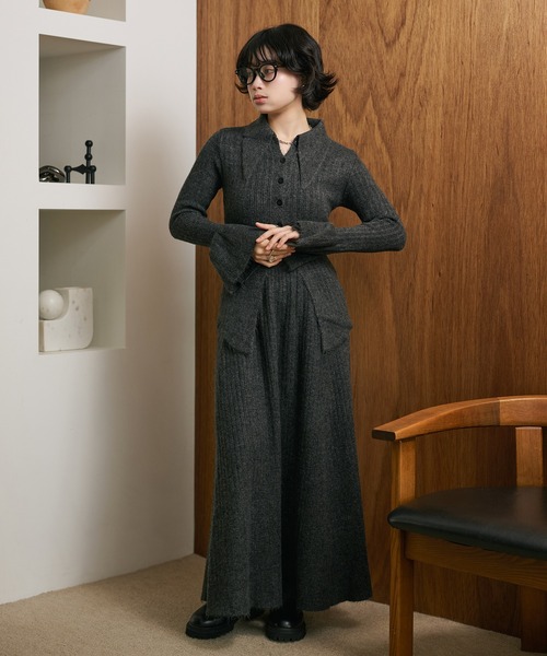 セットアップ front slit collared button knit set up /フロント