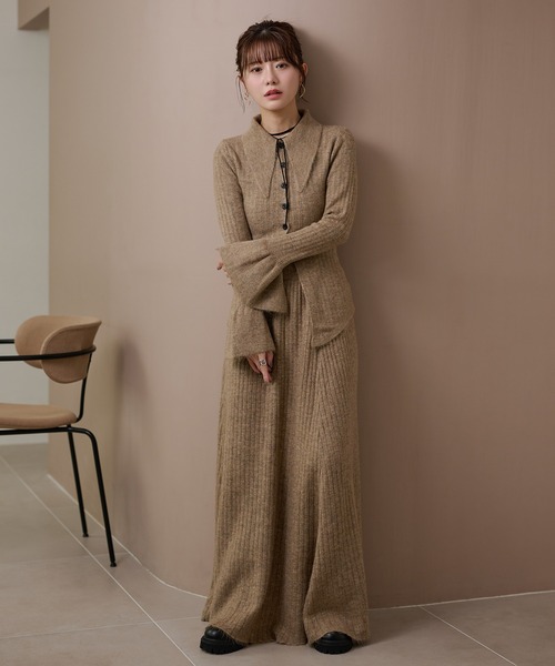 セットアップ front slit collared button knit set up /フロント