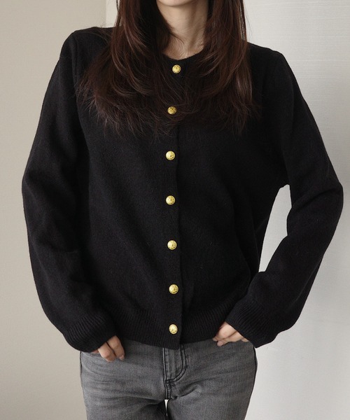 カーディガン ゴールドボタン クルーネックニットカーディガン