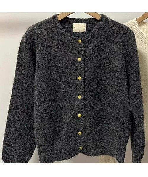 カーディガン ゴールドボタン クルーネックニットカーディガン
