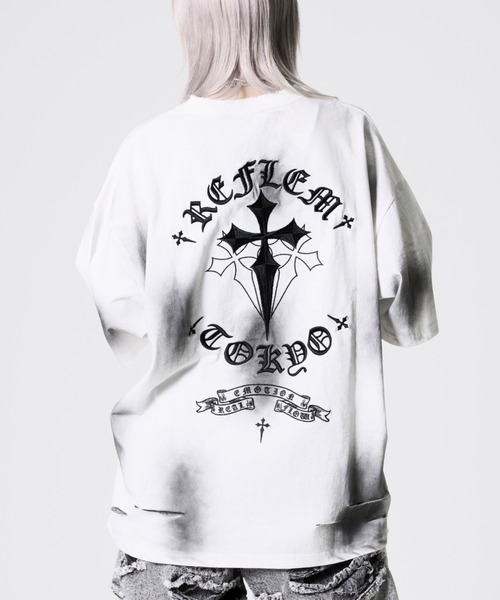 REFLEM レフレム クロス刺繍半袖Tシャツ グレー REFLEM（レフレム） tシャツ 「REFLEM/レフレム」クロス刺繍ダメージT