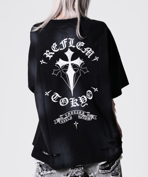 tシャツ 「REFLEM/レフレム」クロス刺繍Tシャツ/ハーフスリーブカットソー REFLEM（レフレム） tシャツ 「REFLEM/レフレム」クロス刺繍ダメージT