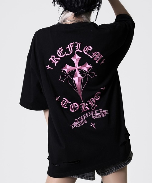 REFLEM（レフレム） tシャツ 「REFLEM/レフレム」クロス刺繍ダメージT