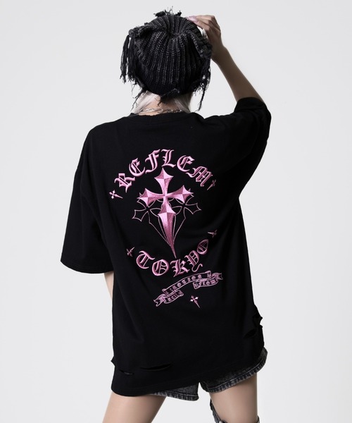 REFLEM（レフレム） tシャツ 「REFLEM/レフレム」クロス刺繍ダメージT