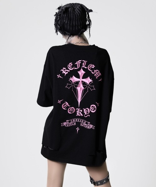 REFLEM（レフレム） tシャツ 「REFLEM/レフレム」クロス刺繍ダメージT