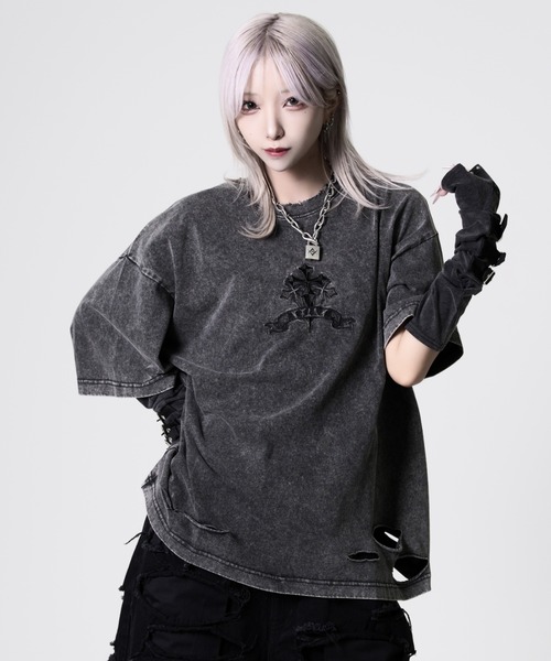 REFLEM（レフレム） tシャツ 「REFLEM/レフレム」クロス刺繍ダメージT
