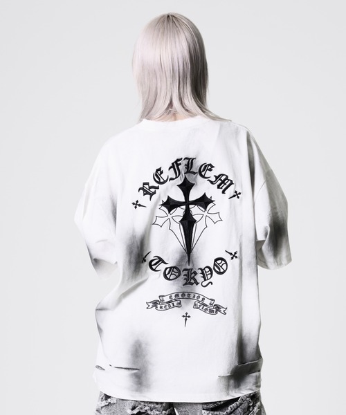 REFLEM（レフレム） tシャツ 「REFLEM/レフレム」クロス刺繍ダメージT