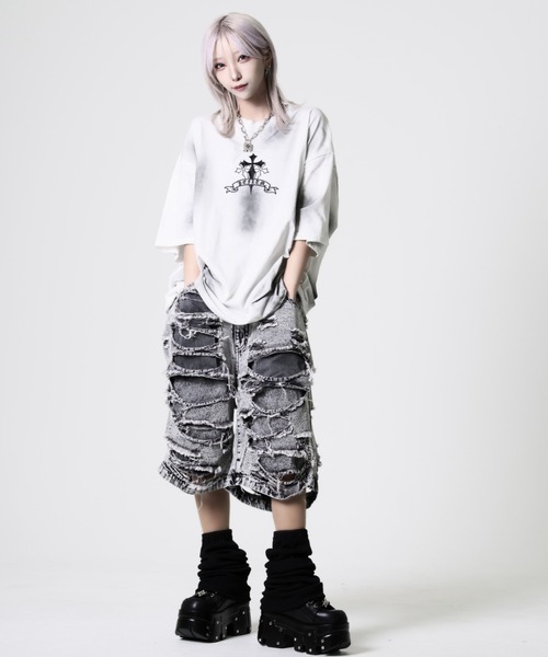 REFLEM レフレム クロス刺繍半袖Tシャツ グレー REFLEM（レフレム） tシャツ 「REFLEM/レフレム」クロス刺繍ダメージT