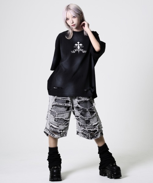 tシャツ 「REFLEM/レフレム」クロス刺繍Tシャツ/ハーフスリーブカットソー REFLEM（レフレム） tシャツ 「REFLEM/レフレム」クロス刺繍ダメージT