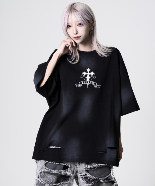 tシャツ 「REFLEM/レフレム」クロス刺繍Tシャツ/ハーフスリーブカットソー REFLEM（レフレム） tシャツ 「REFLEM/レフレム」クロス刺繍ダメージT
