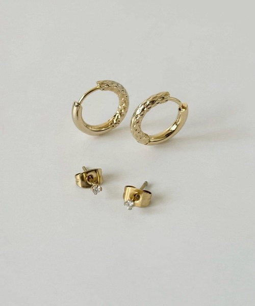 ピアス 「2セットピアス」ステンレスフープ＆キュービックジルコニア