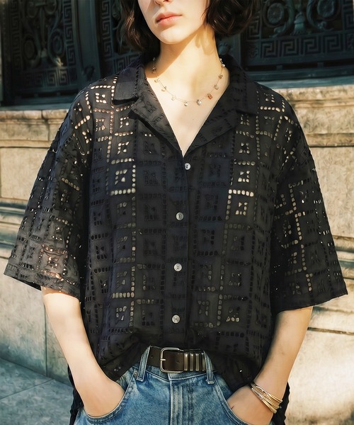 レディース　ブラウス antiqua（アンティカ） ブラウス シャツ オープンカラー シフリー刺繍