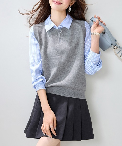 ReRe ブラウス シャツ ストライプシャツレイヤード風トップス 
